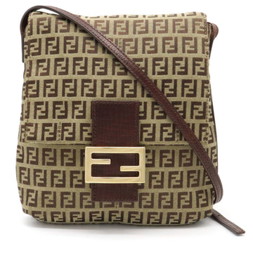 Fendi Zucchino Pattern Shoulder Bag Pochette Canvas Leather Khaki Beige Brown Dark 8BT075