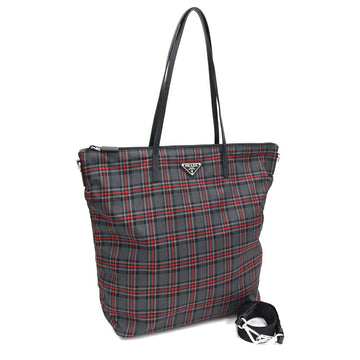 PRADA 2WAY tote bag 1BG189 gray red black nylon leather shoulder check plate ladies