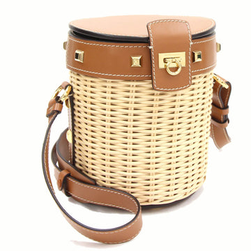 Ferragamo One Shoulder Bag Gancini 21H687 Natural Brown Rattan Leather Ladies Basket Salvatore