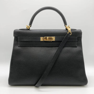 HERMES Kelly 32 〇D engraved handbag bag box calf black gold hardware ladies