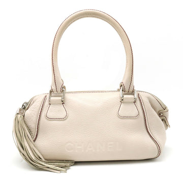 CHANEL Tassel Handbag Boston Shoulder Bag Leather Light Beige
