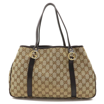 Gucci GG Twins Canvas Tote Bag Shoulder Leather Khaki Beige Dark Brown 232957