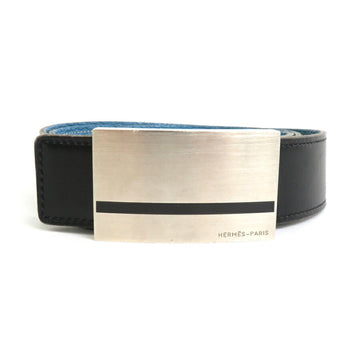 HERMES Belt Reversible Leather/Metal Black/Blue/Silver Men's