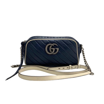 GUCCI GG Marmont Quilted Small Leather Genuine Chain Mini Shoulder Bag Pochette Navy 27468