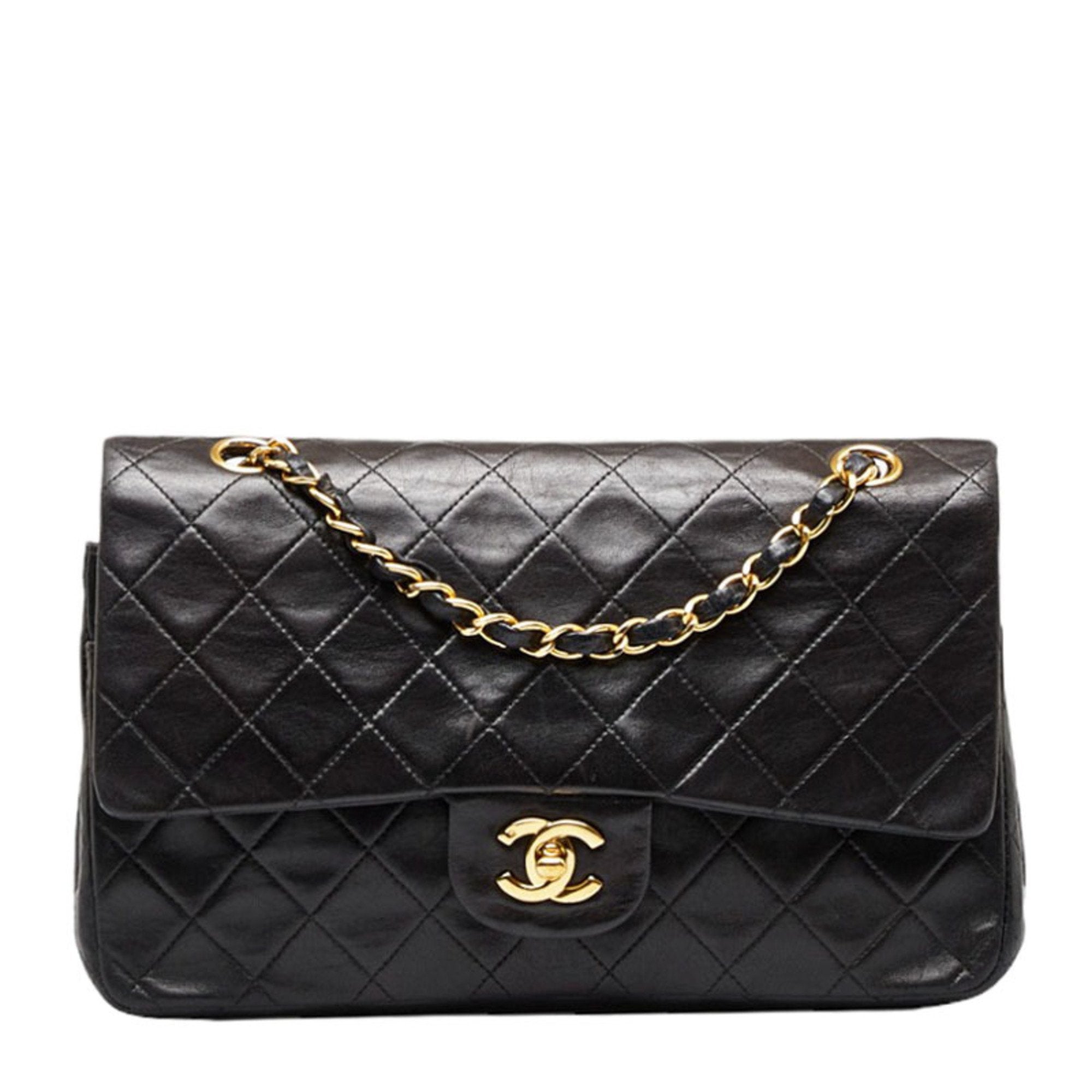 Auth CHANEL Double Flap Black Quilted Leather Gold Chain Shoulder