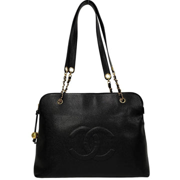 CHANEL Caviar Skin Leather Chain Tote Bag Semi Shoulder Black 63803