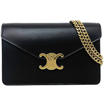CELINE Chain Wallet Margo Black Triomphe 10L033 Shoulder Bag Flap Leather  Shiny Calfskin Clutch 2way