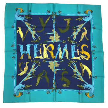 HERMES Carre 90 Scarf Muffler ANIMAL ALPHABET Animal Alphabet Forest Dynamic Navy x Turquoise Blue Silk