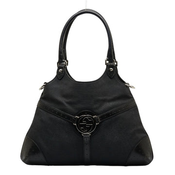GUCCI Interlocking G Punching Tote Handbag Shoulder Bag 114875 Black Canvas Leather Women's