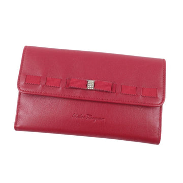 Salvatore Ferragamo Wallet Tri-Fold Ribbon Rhinestone Leather Red