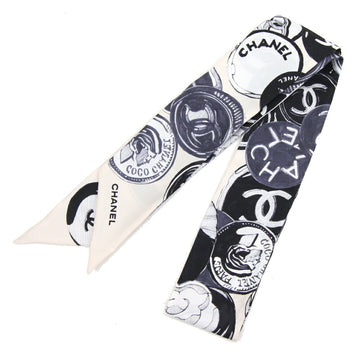 CHANEL scarf hair band black ivory silk 100% ribbon bag charm ladies coco mark