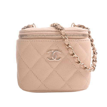 Chanel caviar skin here mark chain shoulder bag vanity case beige