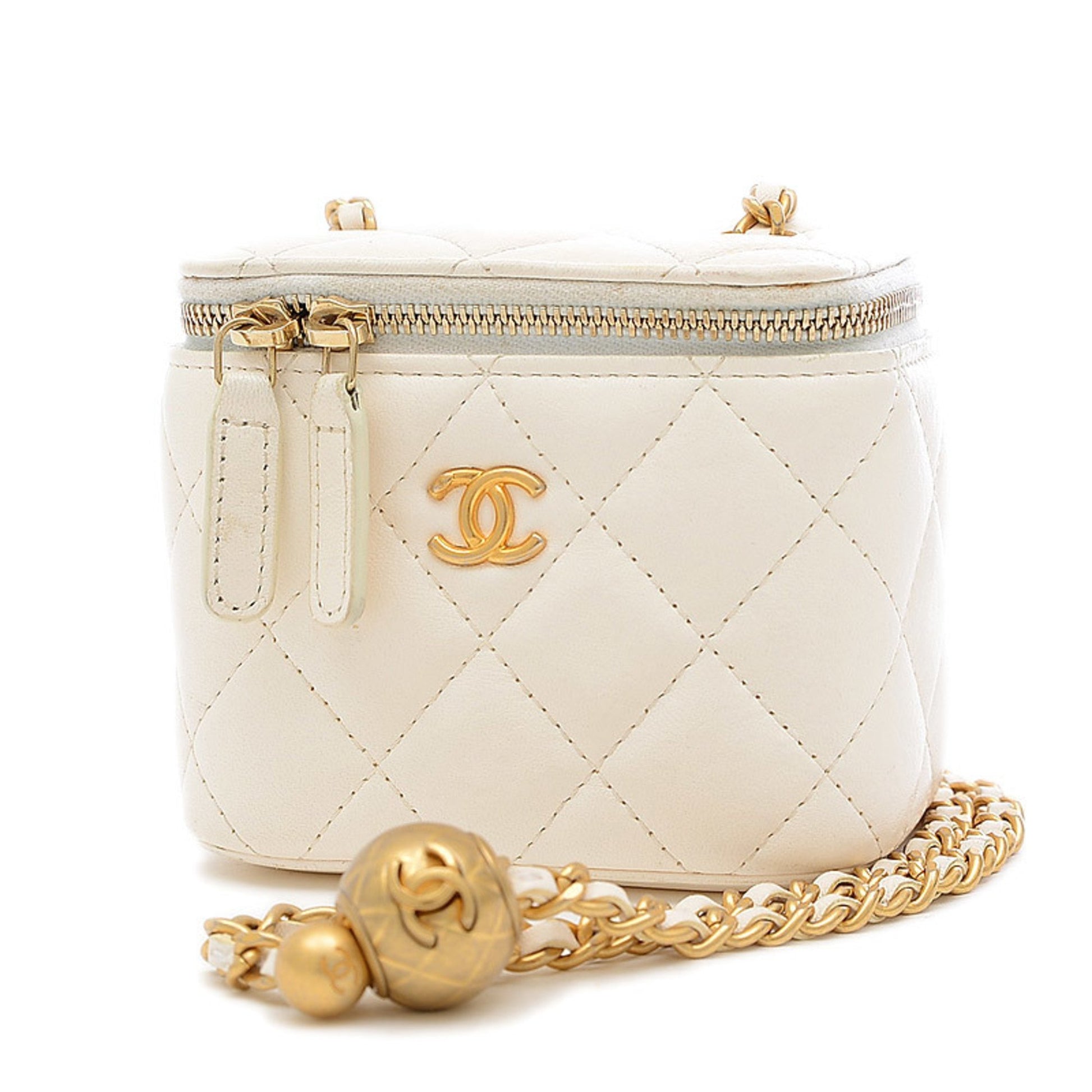 Chanel Matelasse Mini Vanity Chain Shoulder Bag Lambskin White AP2158
