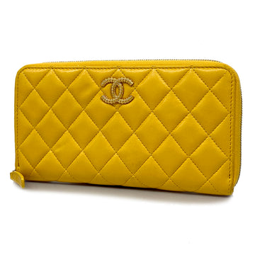 CHANELAuth  Matelasse Gold Hardware Women's Lambskin Long Wallet Yellow