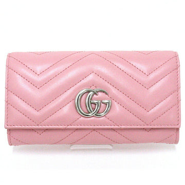 GUCCI GG Marmont Continental Wallet Bifold Long Double G Chevron Quilted Leather 443436 Pink Silver Hardware