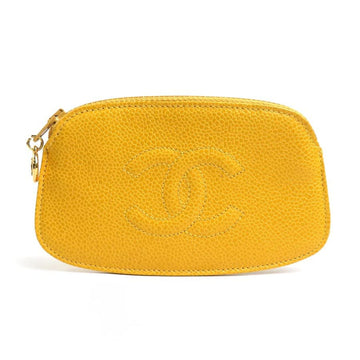 CHANEL Accessory Pouch Coco Mark Caviar Skin Leather Yellow Ladies