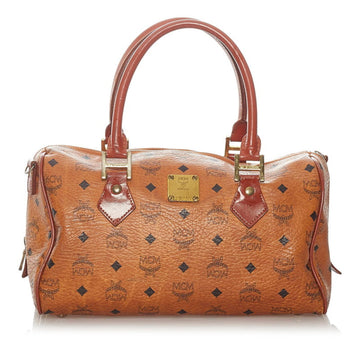 MCM Visetos Handbag Mini Boston Brown Leather Ladies