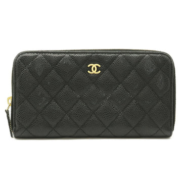 Chanel matelasse here mark round long wallet caviar skin leather black A50097