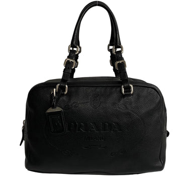 PRADA Logo Engraved Leather Genuine Handbag Tote Bag Mini Boston Black