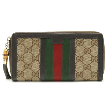 Gucci GG Canvas Bamboo Tassel Sherry Line Round Long Wallet Leather Khaki Beige Brown Dark 353651