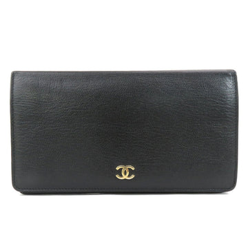 CHANEL bi-fold long wallet here mark leather black gold ladies