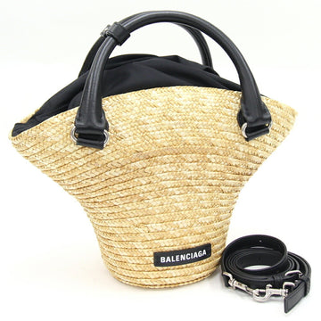 BALENCIAGA Handbag Beach Bag 7441392 Natural Black Straw Leather Shoulder Basket Women's
