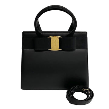 SALVATORE FERRAGAMO Vara Ribbon Hardware Leather 2way Handbag Shoulder Bag Black 74050