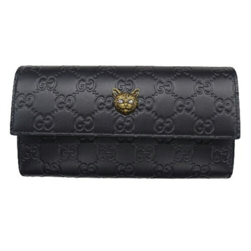 GUCCI Wallet Women's Brand Shima Long Leather Cat Continental Black Gold Hardware