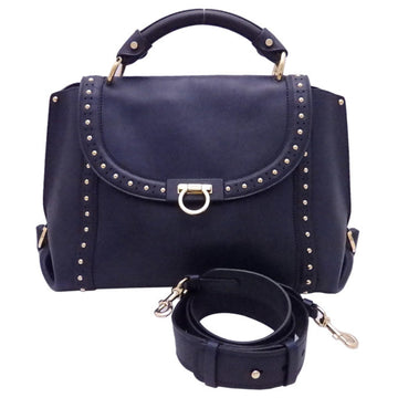 SALVATORE FERRAGAMO 2Way Bag Gancini Navy Blue Leather x Gold Hardware Handbag Shoulder Ladies