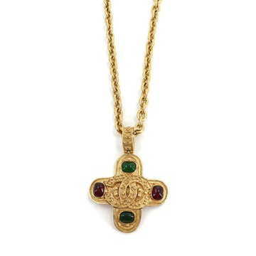 Chanel color stone cross long necklace gold green red vintage 94A Vintage Necklace