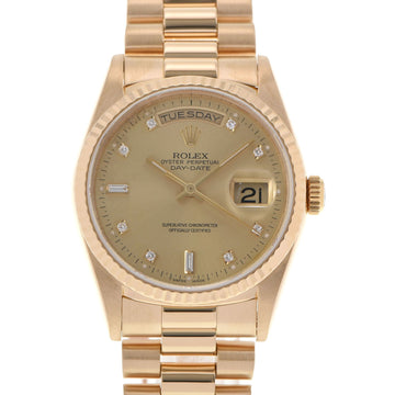 Rolex Day Date 8P Round/2P Baguette Diamond 18238A Men's YG Watch Automatic Winding Champagne Dial
