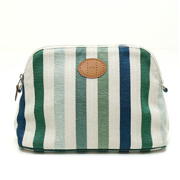 HERMES Bored Pouch MM Striped Green Blue Beige Cotton Makeup