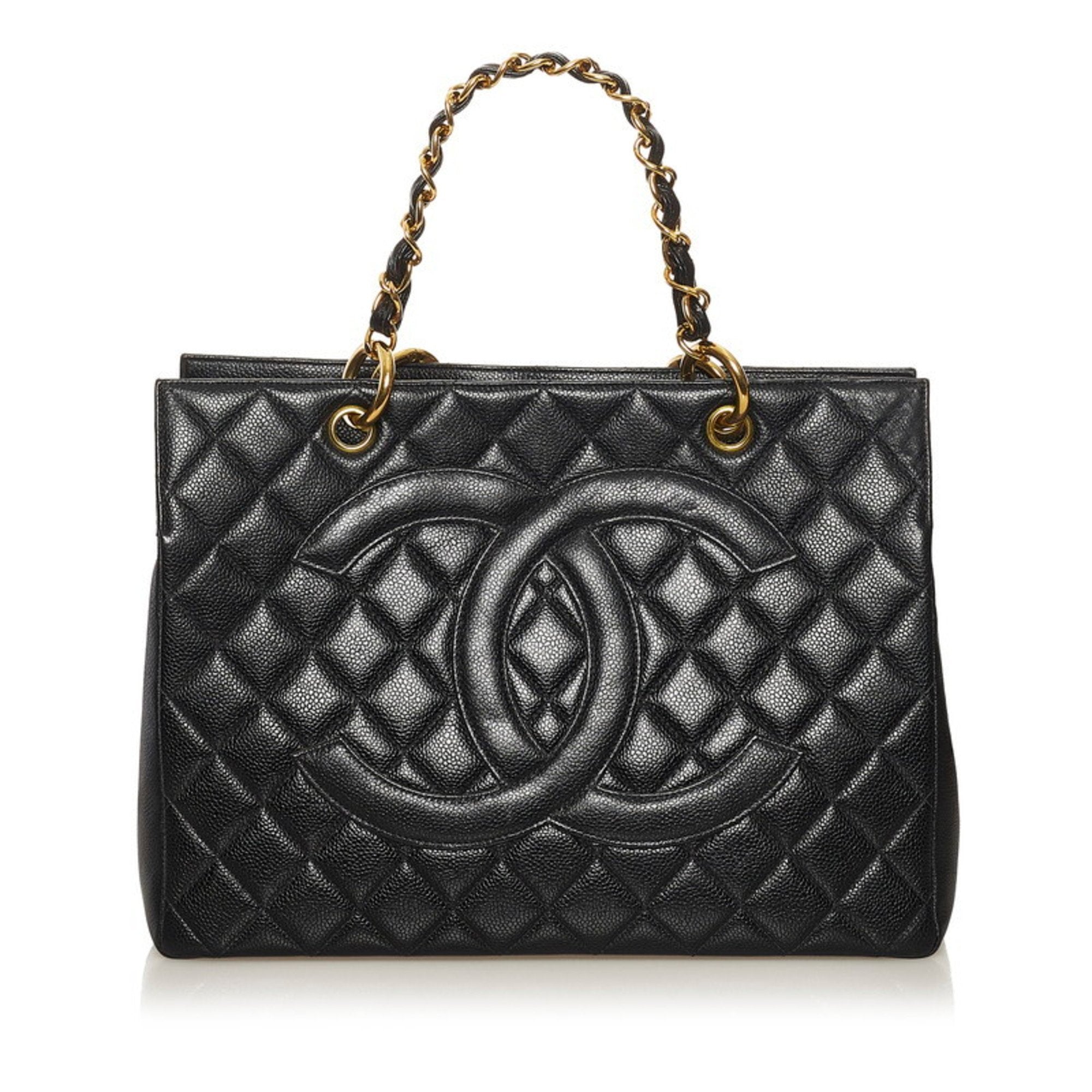 Chanel Matelasse Coco Mark Chain Tote Bag Handbag Black Caviar Skin La