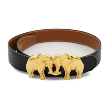 HERMES belt Notation size 65 Box calf Couchbel Black Brown Gold metal fittings Elephant buckle 〇W stamp Reversible