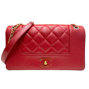 CHANEL Mademoiselle Chain Shoulder A93084 Bag Double Flap Lambskin Leather Red 2 Matelasse Women's