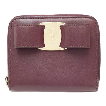 SALVATORE FERRAGAMO Compact Wallet Rose Ribbon Bifold Leather Bordeaux 083652