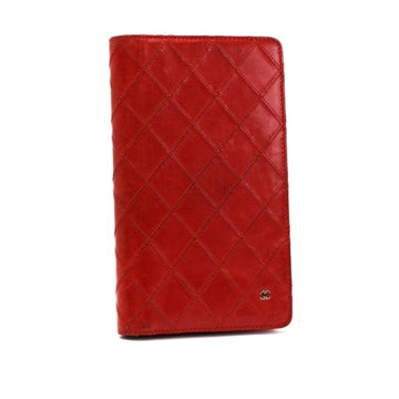 Chanel Bi-Fold Wallet Wild Stitch Leather Red Silver Hardware Women's