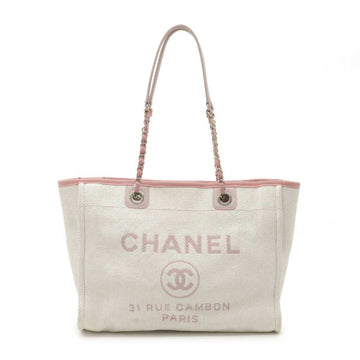 Chanel Deauville Line Medium Tote MM Bag Shoulder Chain Leather Raffia White Pink A67001