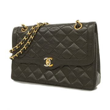 Chanel Matelasse Paris Limited W Flap W Chain Women's Leather Shoulder Bag Black