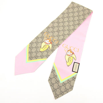 GUCCI Scarf Bananya Collaboration GG Supreme 704144 Beige Light Pink Silk 100% Ribbon Women's Limited