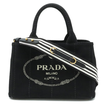 PRADA CANAPA Tote Bag Shoulder Striped Canvas NERO Black 1BG439