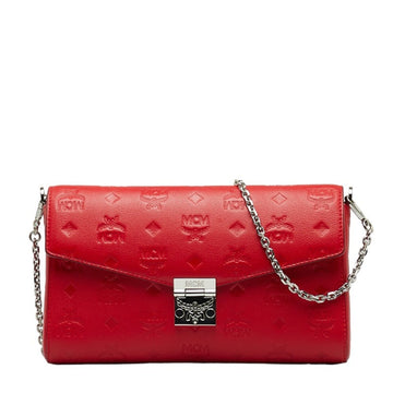 MCM Visetos Glam Chain Shoulder Bag Red PVC Leather Women's