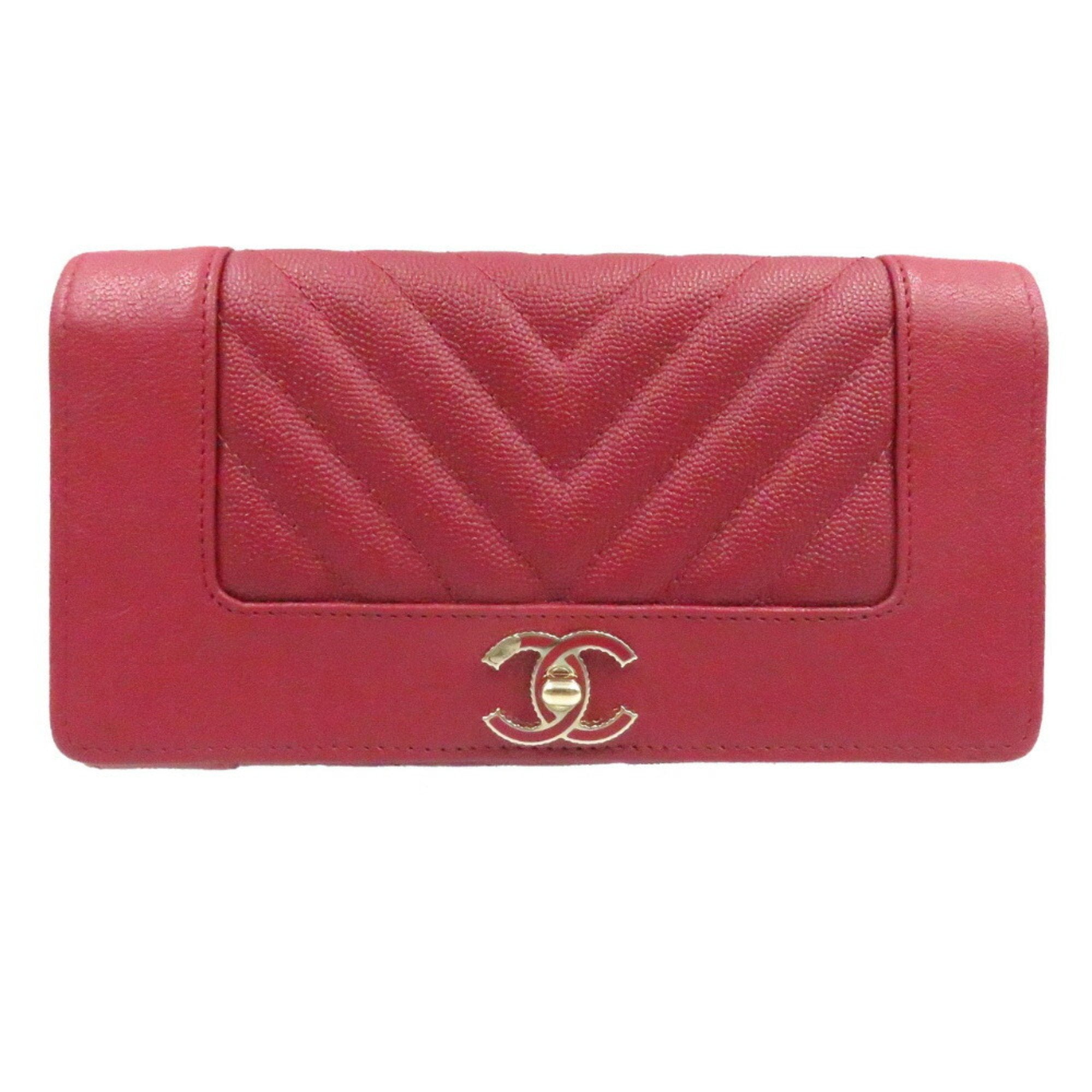 Chanel Mademoiselle Chevron Caviar Skin Red 28s Long Wallet 0220 CHANE