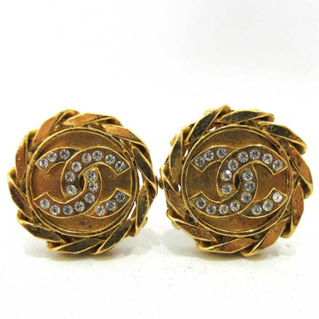 CHANEL Earring Clip Gold Color Round Rhinestone Coco Mark Ladies Metal
