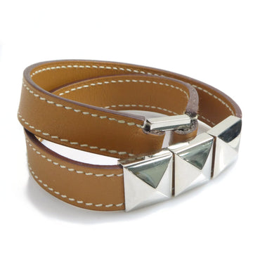 HERMES Bracelet Medor Leather/Metal Brown/Silver Unisex