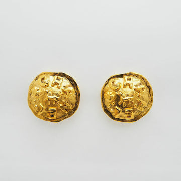 CHANEL 2 3 Vintage Logo Lion Earrings Gold Round Type