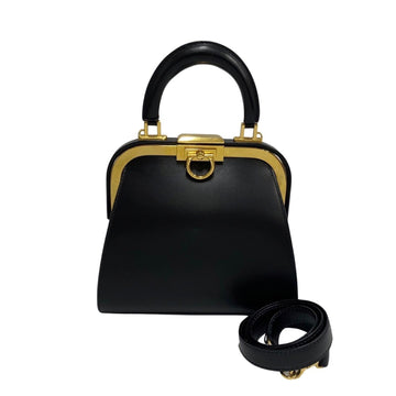 CHRISTIAN DIOR Gancini Logo Hardware Leather 2way Mini Shoulder Bag Handbag Black