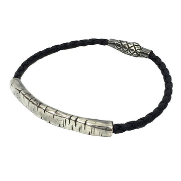 BOTTEGA VENETA oxidized intrecciato bracelet S size AG925 x leather black men's