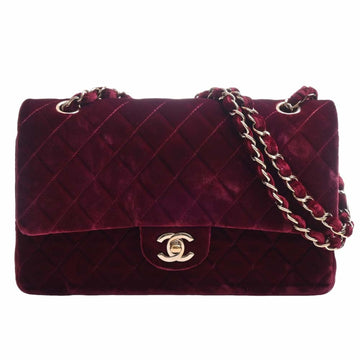 CHANEL Velvet Matelasse Coco Mark W Flap Chain Shoulder Bag Bordeaux Ladies