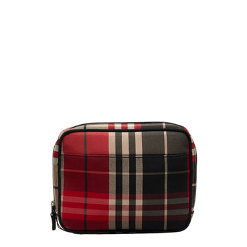 BURBERRY Check Pouch Red Black Canvas Leather Women's